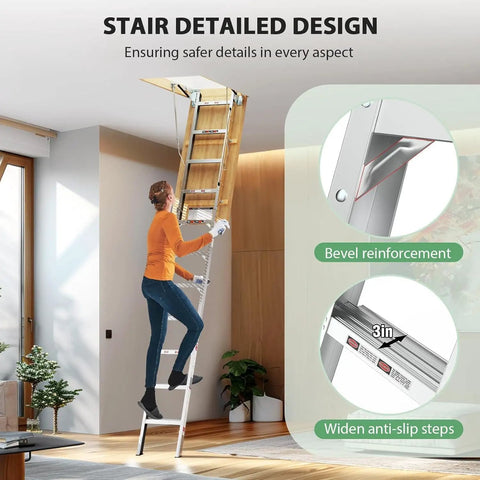 Heavy Duty 10 Ft Aluminum Attic Ladder Pull Down System For 54 By 25 Inch Opening Drop Down Hidden Attic Stairs With 350 Pound Load Fits 7 Foot 8 Inch To 10 Foot 3 Inch Ceilings Durable Pine Side Panels, woman using attic ladder