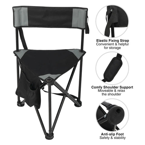 2 Pack Go-To Folding Tripod Camping Chairs With Backrest, Lightweight Steel 3-Leg Stool, Portable Black Chairs For Adults