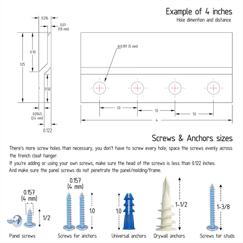 Heavy Duty Z Bar Picture Hanging Kit 12 Inch French Cleat Wall Mounts screw and anchor size diagram with measurements and details.