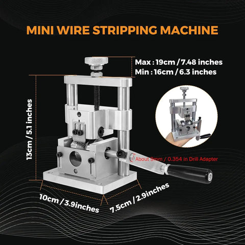 Upgraded Mini Drill Powered Wire Stripper Hand Crank Wire Stripping Machine for Scrap Copper with dimensions and handle view
