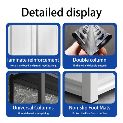 Detailed display of Killer 5 Tier Steel Storage Shelving Unit With Adjustable Metal Racks for Garage with laminate reinforcement, double columns, universal design, and non-slip foot mats.