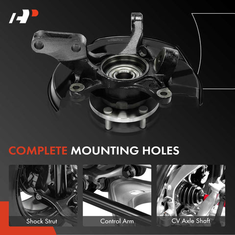 Front Right Steering Knuckle And Wheel Bearing Hub Assembly For Toyota Camry 1997 1998 1999 2000 2001 L4 2.2L Sedan No Fuss Direct Fit Replacement, 15 InCH Wheels, Passenger Side, Rock Solid Durability, image showing complete mounting holes with shock strut and control arm view.