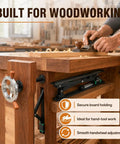Built Like A Tank Workbench Leg Vise Assembly With 30Mm Steel Screw And 175Mm Handwheel For Quick Full Stroke Clamping On Custom Garage Benches Matte Silver Trim displayed on a woodworking bench.