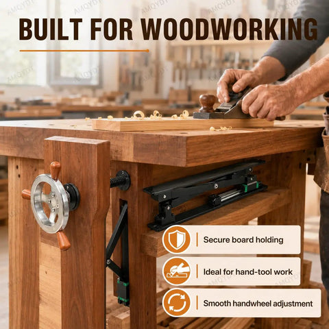 Built Like A Tank Workbench Leg Vise Assembly With 30Mm Steel Screw And 175Mm Handwheel For Quick Full Stroke Clamping On Custom Garage Benches Matte Silver Trim displayed on a woodworking bench.