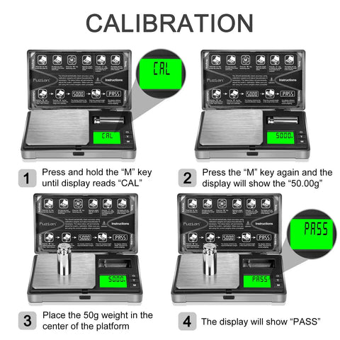 Step-by-step calibration of Pocket Digital Gram Scale 0.01g Precision With Upgraded LCD Display, showing 50g weight process.