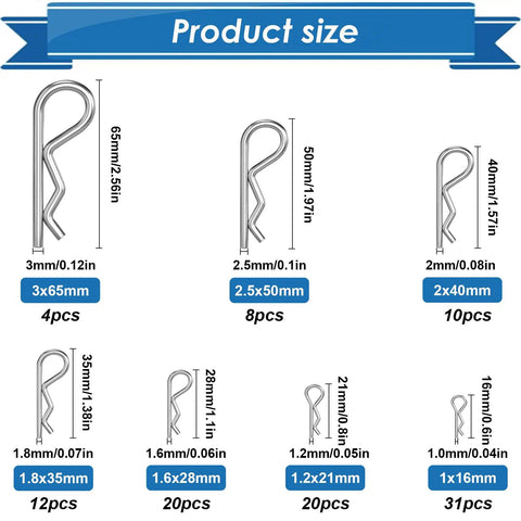 105 Piece Cotter Pin Assortment Kit In 304 Stainless Steel With Seven Sizes R Clips And Cotter Pins for size reference
