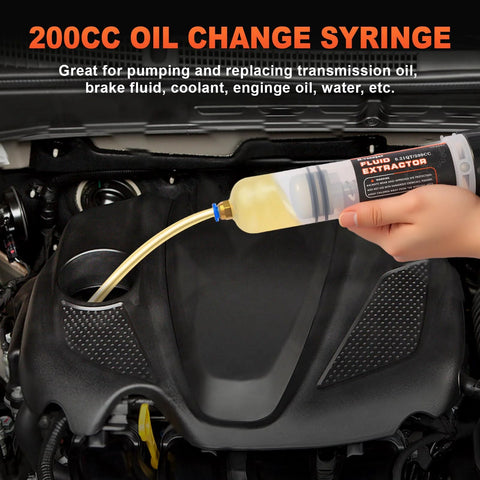 Hand-held H-veenjor 200 CC oil change syringe with 32-inch hose and two 9-inch tubes, evacuating engine oil.