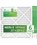 20x20x1 MERV 8 Pleated HVAC Filter For Furnace And AC Units, 6 Pack shown in packaging with white pleats and green labels.
