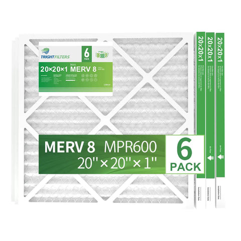 20x20x1 MERV 8 Pleated HVAC Filter For Furnace And AC Units, 6 Pack shown in packaging with white pleats and green labels.