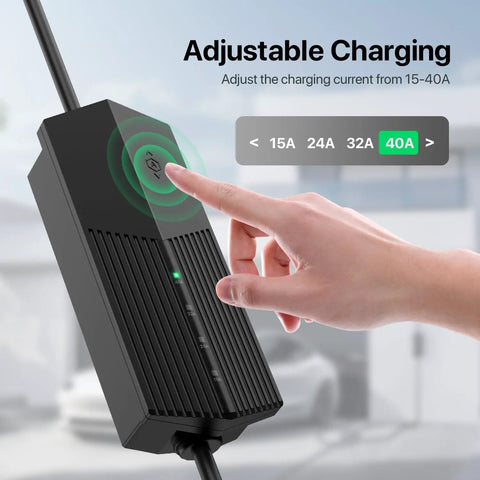 Person adjusting charging settings on 40 Amp Level 2 EV Charger With 50 Foot Mobile Cord For On The Go Home Charging