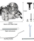 Electric Drill Plate Cutter with reinforced alloy design, dimensions 12.5cm x 5.5cm, includes auxiliary handle and fasteners.