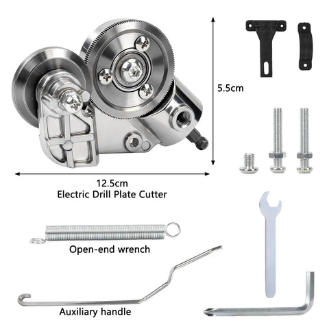 Electric Drill Plate Cutter with reinforced alloy design, dimensions 12.5cm x 5.5cm, includes auxiliary handle and fasteners.