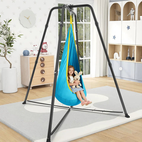 Child using Built Tough Swing Frame With Sensory Swing Pod Chair For Adults, X Shaped Indoor Outdoor Swing Set in a living room.
