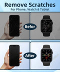 Before and after images of using Scratch Remover Kit For Phone Screens, Watches, And Tablets, showing clear screens.