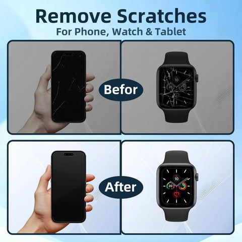 Before and after images of using Scratch Remover Kit For Phone Screens, Watches, And Tablets, showing clear screens.