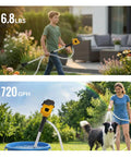 Top: Child carrying lightweight Brushless Stick Water Transfer Pump. Bottom: Woman using pump to spray water on a dog. 720 GPH flow.