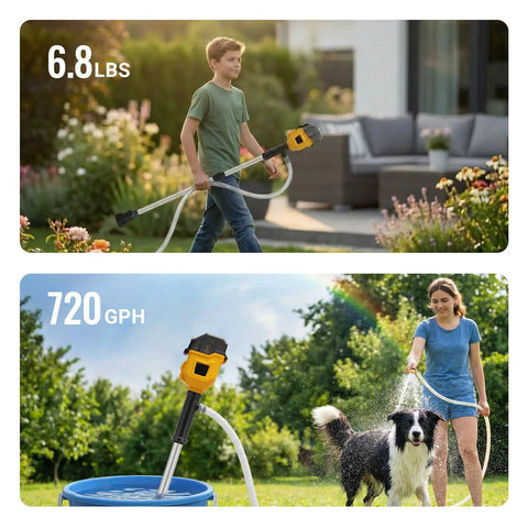 Top: Child carrying lightweight Brushless Stick Water Transfer Pump. Bottom: Woman using pump to spray water on a dog. 720 GPH flow.