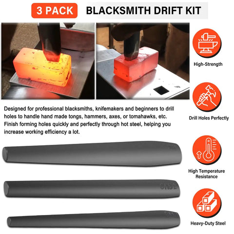 Pro Grade Drift Kit For Forging Hammer Eye Holes Eye Drift Tool Set 3 Pack showing tomahawk, hammer, and mouse ax drifts