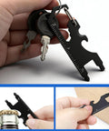 3 Pack Keychain Multi Tool Wrench Ruler Bottle Opener For Men shown in use on a keychain, opening a bottle, and measuring wood