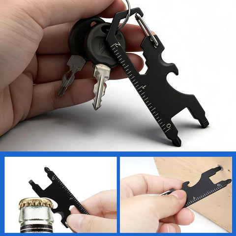 3 Pack Keychain Multi Tool Wrench Ruler Bottle Opener For Men shown in use on a keychain, opening a bottle, and measuring wood