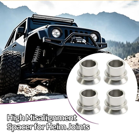 High Misalignment Spacer Set For Heim Joints, Converts 1/2 In Heim Joint To 3/8 In Bolt, Stainless Steel Rod End Spacers, Set Of 4, Heavy Duty, Rock Solid Fit For Automotive And Off Road Linkage shown with off-road Jeep
