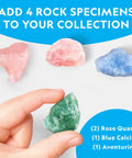 Close-up of hand holding a green aventurine rock below pink rose quartz and blue calcite for Light Up Dino Terrarium Kit For Kids Lets Them Grow Real Plants And Gemstones To Build A Prehistoric Habitat With Backdrop A Hands On Science Toy That Feels Like A Dope Mini Dino Garden Awesome Gift For Curious Explorers.