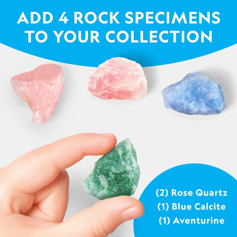 Close-up of hand holding a green aventurine rock below pink rose quartz and blue calcite for Light Up Dino Terrarium Kit For Kids Lets Them Grow Real Plants And Gemstones To Build A Prehistoric Habitat With Backdrop A Hands On Science Toy That Feels Like A Dope Mini Dino Garden Awesome Gift For Curious Explorers.