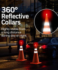 Two Pack 28 Inch Collapsible Traffic Safety Cones With Reflective Collar illuminated on roadside at night