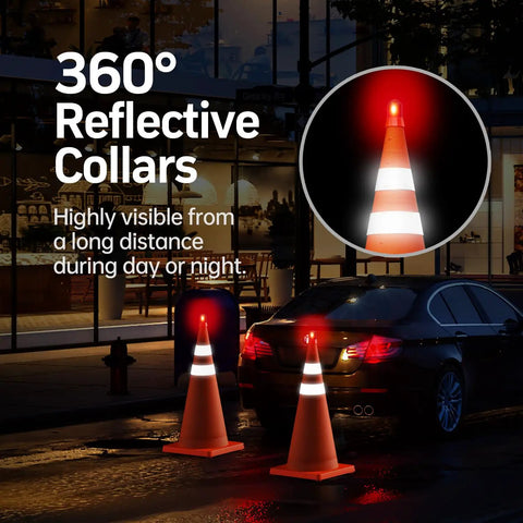 Two Pack 28 Inch Collapsible Traffic Safety Cones With Reflective Collar illuminated on roadside at night