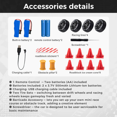 RC car accessory set including batteries, drift tires, cones for One Twenty Fourth Scale RC Drift Car With Four Wheel Drive Dual Speed