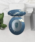 Top view of a round toilet seat replacement for bathroom, featuring floral design on blue background, measuring 14.5" x 16.5".