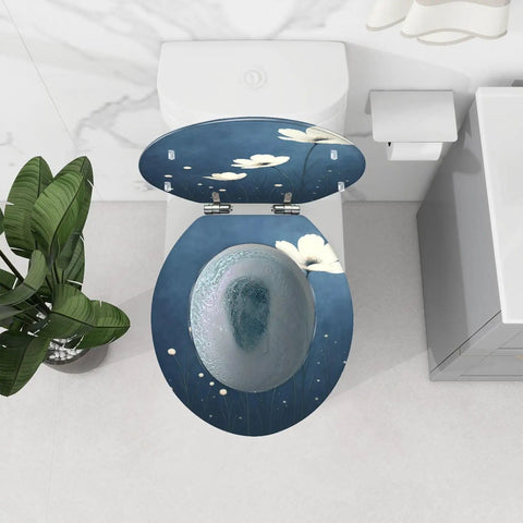 Top view of a round toilet seat replacement for bathroom, featuring floral design on blue background, measuring 14.5" x 16.5".