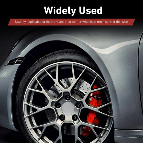 Slick Silver Wheel Center Caps Snap In Hub Covers For Cars And Suv on a stylish car wheel with red brake calipers.