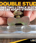 Heavy Duty L Track Double Stud Fittings 4 Pack 3/8 Inch Threaded Steel Bolts positioned on L-track slot for secure anchoring.