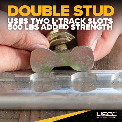 Heavy Duty L Track Double Stud Fittings 4 Pack 3/8 Inch Threaded Steel Bolts positioned on L-track slot for secure anchoring.