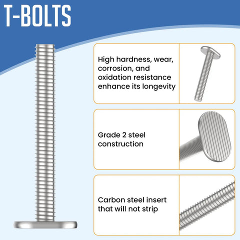 Track Bolts Kit 40 Pieces 1/4-20 For T Slot Tracks Four Lengths 2-1/4 In 1-1/2 In 1-1/4 In 1 In Perfect For Woodworking Jigs Fixtures And DIY Projects, showing detailed features and bolt design, including steel construction and ridged head.