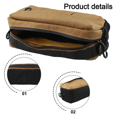 Brown Waterproof Nylon Bike Handlebar Bag With Grab And Go Large Main Compartment And Side Pockets For Mountain Road And E Bike Commuter Gear Front Storage Pouch For Tools Snacks Phone And More In Brown showing open compartment and side details.