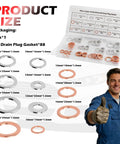 88Pcs Car Oil Drain Plug Gasket Kit with multiple aluminum and copper sizes, storage box, and mechanic giving thumbs up