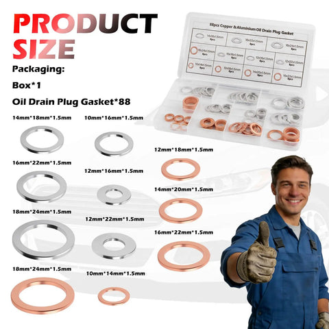 88Pcs Car Oil Drain Plug Gasket Kit with multiple aluminum and copper sizes, storage box, and mechanic giving thumbs up