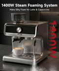 Top Tier Espresso Machine With Built In Conical Burr Grinder And Thirty Adjustable Levels Twenty Bar High Pressure Pump PID Heat Control Quick Milk Frothing Wand For Smooth Daily Brews And Serious Coffee Game Upgrades on a kitchen countertop with a cup of coffee.