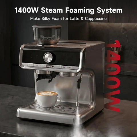 Top Tier Espresso Machine With Built In Conical Burr Grinder And Thirty Adjustable Levels Twenty Bar High Pressure Pump PID Heat Control Quick Milk Frothing Wand For Smooth Daily Brews And Serious Coffee Game Upgrades on a kitchen countertop with a cup of coffee.