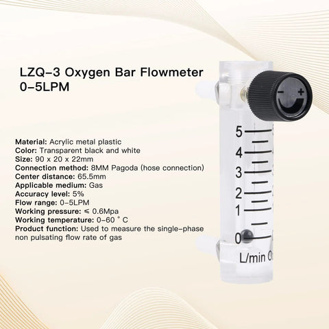 Oxygen Flow Meter 0 To 5 LPM Acrylic Flowmeter For Oxygen And Air Gas With 8 mm Hose Barbs and Metal Fittings on white background