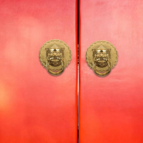 Lion Head Door Knocker And Front Door Pull Handle Brass Decorative Hardware Set Of 2 For Vintage Chinese Style Home Entry