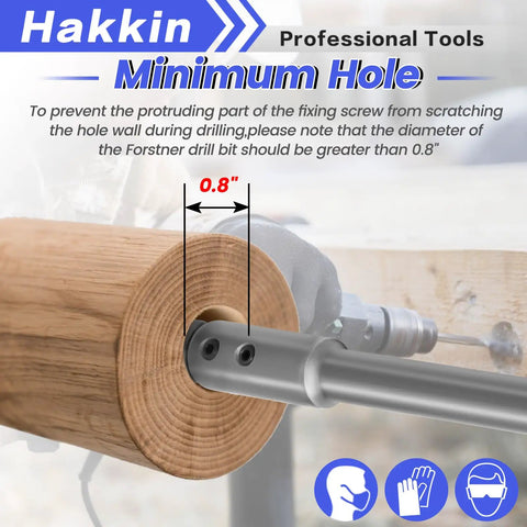Premium Quality Badass 7 And 10 Inch Forstner Bit Extension Set With 3/8 Inch Hex Shank showing 0.8 inch minimum hole depth in wood.