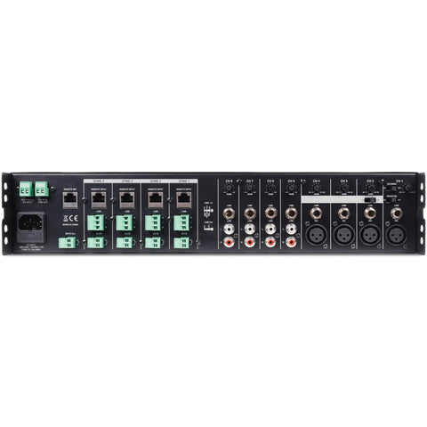 Rear panel of 8-Channel Rack Mount Mic And Line Mixer With 4 Zone Control, Built-In Monitoring Speaker, showing input/output connections.