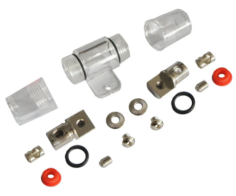 Tight Seal Badass In Line Mini ANL Fuse Holder Fits 4 6 8 Gauge AWG Wire With 80 Amp Afs Fuse Pack parts and accessories laid out.