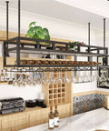 Ceiling Mounted Wine Glass And Bottle Rack With Plant Holder For Bar And Kitchen, 100 Kg Capacity in wood and metal over counter.