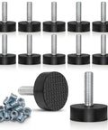 12 Pack Rubber M6 Leveling Feet For Furniture With Adjustable Threading And Secure Inserts Perfect Fit For Ikea Tables Plug And Play Setup Top Shelf Stability Fix For Wobbly Shelves showing rubber feet and steel inserts.