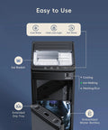 Bottom Loading Four In One Water Dispenser With Built In Bullet Ice Maker pouring cold hot and room temperature water on demand, showing controls and ice basket.