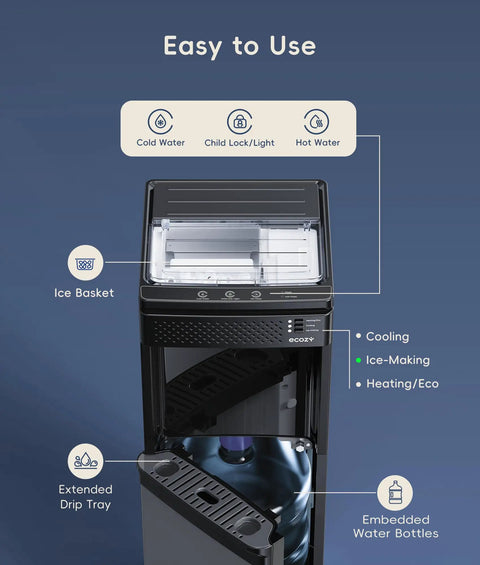 Bottom Loading Four In One Water Dispenser With Built In Bullet Ice Maker pouring cold hot and room temperature water on demand, showing controls and ice basket.